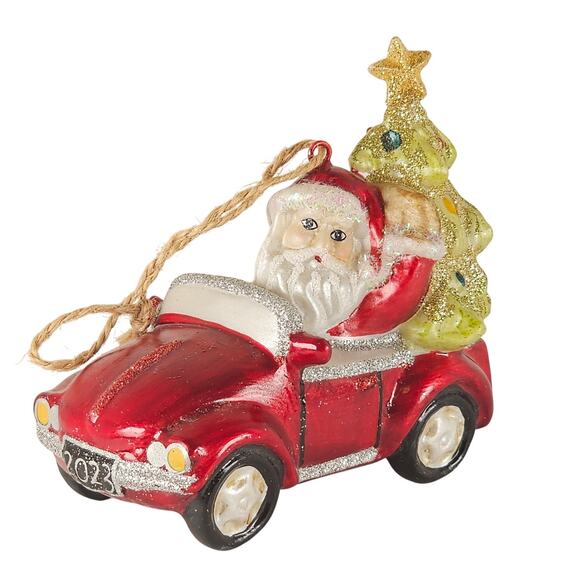 Santa in Red Convertible Car Ornament w/ Christmas Tree 2023 Glitter Holiday - Picture 14 of 14